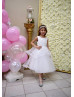 Beaded White 3D Flowers Tulle Tiered Flower Girl Dress